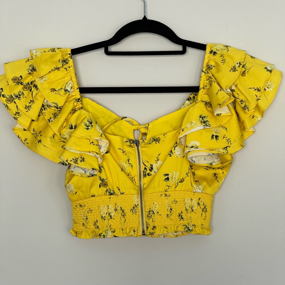 New Alice + Olivia Shanae Floral Ruffle Crop Top Womens Yellow - Picture 7 of 11